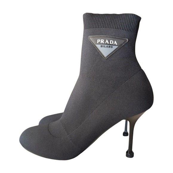 Prada Black Sock Ankle Boots Stiletto Heel Logo Triangle Women's Size 39.5 Italy - Picture 2 of 10